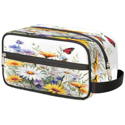 Tragbare Reise-Kulturtasche Gänseblümchen Blume Schmetterling Floral Make-up Organizer Tasche Waschbeutel Große Toilettenartikel Kosmetikkoffer für Frauen Männer Mädchen Jungen, mehrfarbig, von TropicalLife