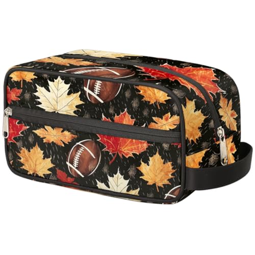 Tragbare Reise-Kulturtasche Herbst Ahornblätter Fußball Herbst Make-up Organizer Tasche Waschbeutel Große Toilettenartikel Kosmetikkoffer für Frauen Männer Mädchen Jungen, mehrfarbig, 10.5x4.4x5.3inch von TropicalLife