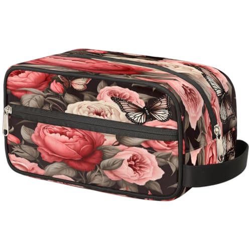 Tragbare Reise-Kulturtasche Pfingstrose Rose Blume Schmetterling Vintage Make-up Organizer Tasche Waschbeutel Große Toilettenartikel Kosmetikkoffer für Frauen Männer Mädchen Jungen, mehrfarbig, von TropicalLife