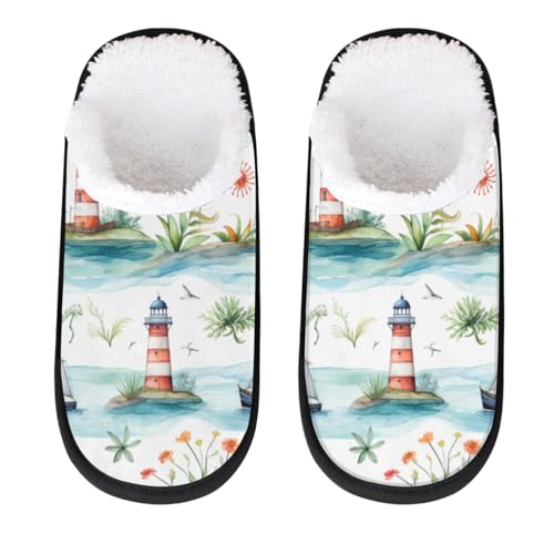 TropicalLife Aquarell Leuchtturm Segeln Damen Hausschuhe Herren Winter Fleece Slipper Bequeme Fuzzy Indoor Hausschuhe für Zuhause Schlafzimmer Reisen M Größe 35/39 EU, multi, Large von TropicalLife