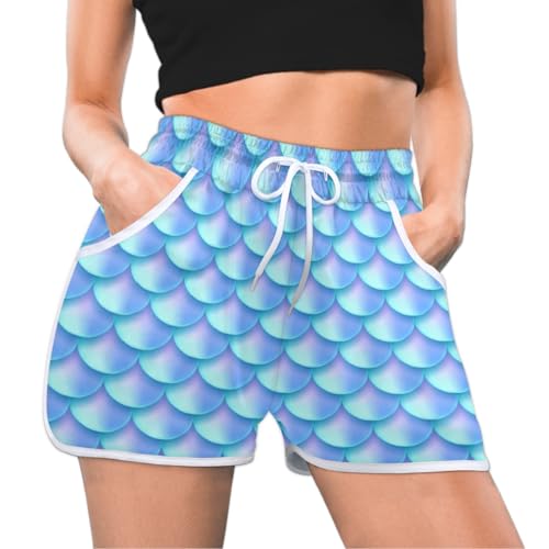 TropicalLife Blue Mermaid Scale Damen-Shorts mit Kordelzug und Taschen (S-Code), lockere Freizeithose, Sport, Fitnessstudio, Strand, Sommerhose, farbig, XX-Large von TropicalLife