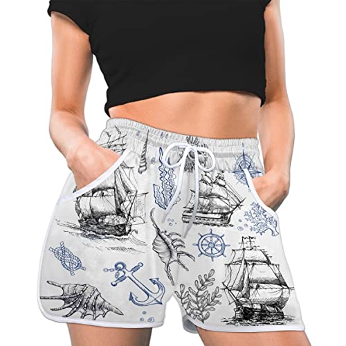 TropicalLife Damen Shorts Sea Ocean Anchor Segelboot Strand Shorts Badehose Hohe Taille Shorts zum Schwimmen sportliche Yoga Home Wear, S, mehrfarbig, L von TropicalLife