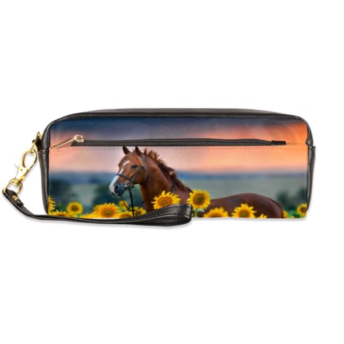 TropicalLife Federmäppchen mit Pferde-Sonnenblumen-Motiv, PU-Leder, Stifttasche für Kinder, Mädchen, Jungen, Herren, Damen, Pferd, Blume, Federmäppchen, Reißverschluss, Schreibwaren, Kosmetik, von TropicalLife