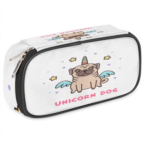 TropicalLife Mops Hund Einhorn Federmäppchen PU Leder Stifttasche Niedliche Hund Bleistift Tasche Reißverschluss Schreibwaren Kosmetik Make-up Taschen für Kinder Mädchen Jungen Männer Frauen, farbe, von TropicalLife