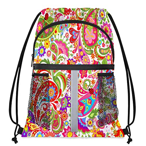 TropicalLife Paisley-Blumen-Tasche mit Kordelzug für Damen und Herren, Sport, Reisen, Fitnessstudio, Yoga, bunter Blumen-Rucksack mit Wasserflaschentasche, lässiger Tagesrucksack, mehrfarbig, One size von TropicalLife