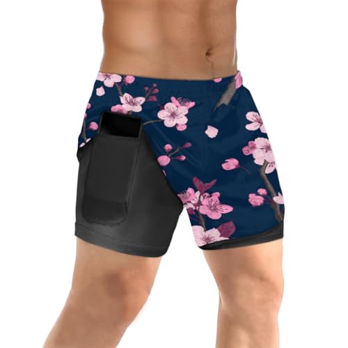 TropicalLife Pink Cherry Blossom Herren-Lauf-Shorts, schnell trocknend, Cherry-Herren-Sport-Shorts mit Handytasche, 2-in-1, Fitness-Shorts, farbig, S von TropicalLife