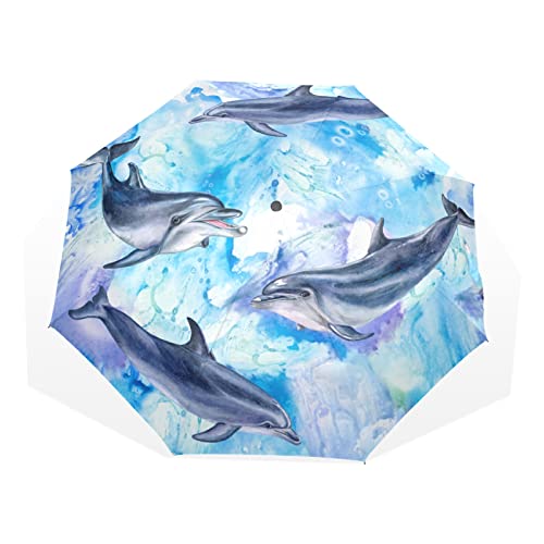 TropicalLife Regenschirm Aquarell Ozean Tier Delfin Winddicht 3 Falten Regenschirm für Frauen Herren Mädchen Jungen Unisex Ultraleicht Outdoor Reisen Kompakter Regenschirm, multi, Einheitsgröße von TropicalLife