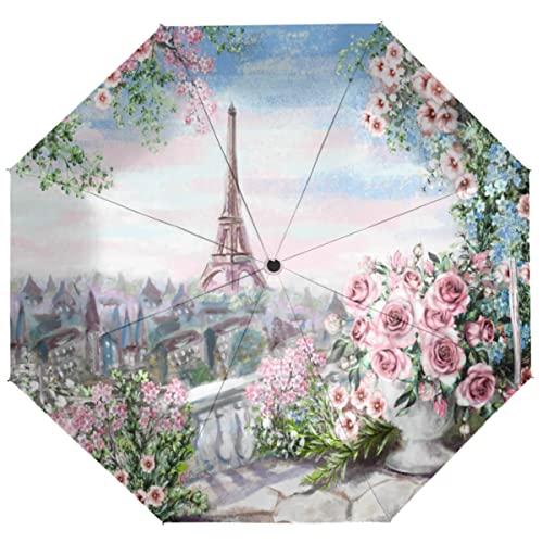 TropicalLife Reise-Regenschirm Paris Eiffelturm Blume Automatisches Öffnen/Schließen Regenschirm Tragbarer UV-Schutz Winddicht Faltschirm, multi, Einheitsgröße von TropicalLife
