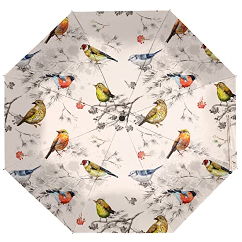 TropicalLife Reise-Regenschirm Retro Winter Vogel Automatisches Öffnen / Schließen Regenschirm Tragbarer UV-Schutz Winddicht Faltschirm, multi, Einheitsgröße von TropicalLife