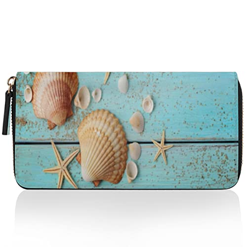 TropicalLife Seashells Purse Multi Kreditkartenetui Tasche Muscheln Blau Wooned Clutch Geldbörse für Frauen Leder Reißverschluss Lange Geldbörse, mehrfarbig, Einheitsgröße von TropicalLife