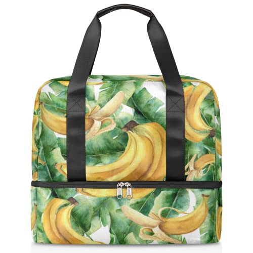 Tropische Früchte Blätter Banane Sporttasche Reise Duffel Bags Wasserdicht Weekender Bag mit Schuhfach Übernachtungstasche für Männer Frauen Gym, mehrfarbig, 15.4*13.4*6.3 inches von TropicalLife