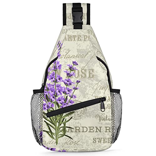 Vintage Lavendel Sling Rucksack Herren Damen Retro Lavendel Crossbody Schultertasche für Reisen Wandern Freizeit Tagesrucksack Rucksack, multi, 35,6 cm, Sling Rucksack von TropicalLife