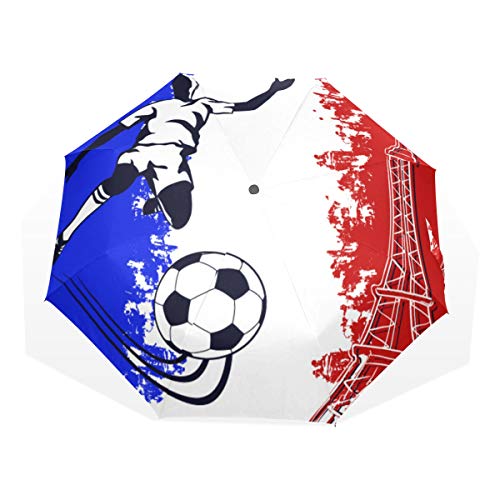 Rootti Regenschirm, 3 Falten, leicht, Frankreich-Flagge, Fußball und Eiffelturm, mit einem Knopf, automatisches Öffnen und Schließen, winddicht, für Kinder, Damen und Herren von TropicalLife