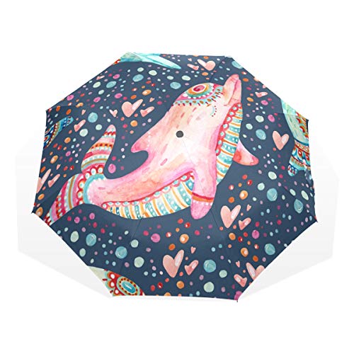 Rootti Regenschirm, 3 Falten, leicht, Wasserfarben, niedlicher Delfin, Ein-Knopf-Automatik, zum Öffnen und Schließen, winddicht, für Kinder, Damen und Herren von TropicalLife