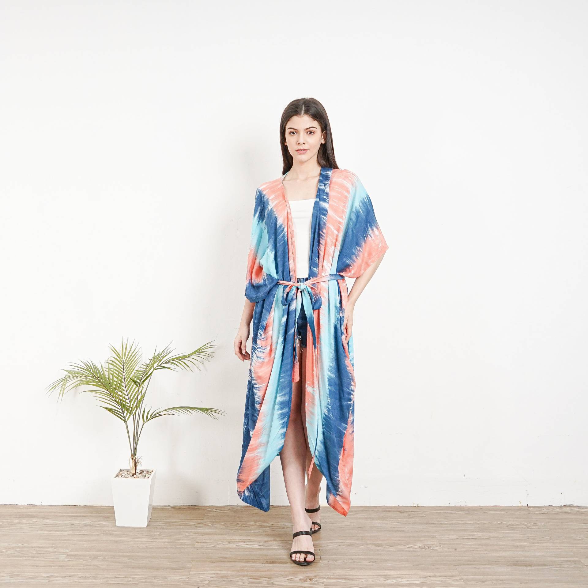 Kimono Krawatte, Ki01-Ra19 Blau-Orange Robe, Krawattenfarbe Kimono, Eleganter Morgenmantel, Strandbezug, Lockerer von TropisDesigns