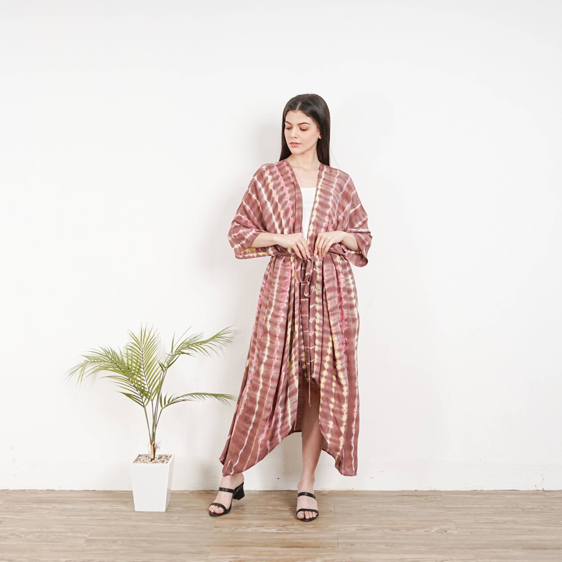 Kimono Krawatten Robe, Ki01-Ra20 Braune Robe, Krawattenfarbe Cover Up, Stylisch, Elegant, Strandhülle, Lockerer von TropisDesigns