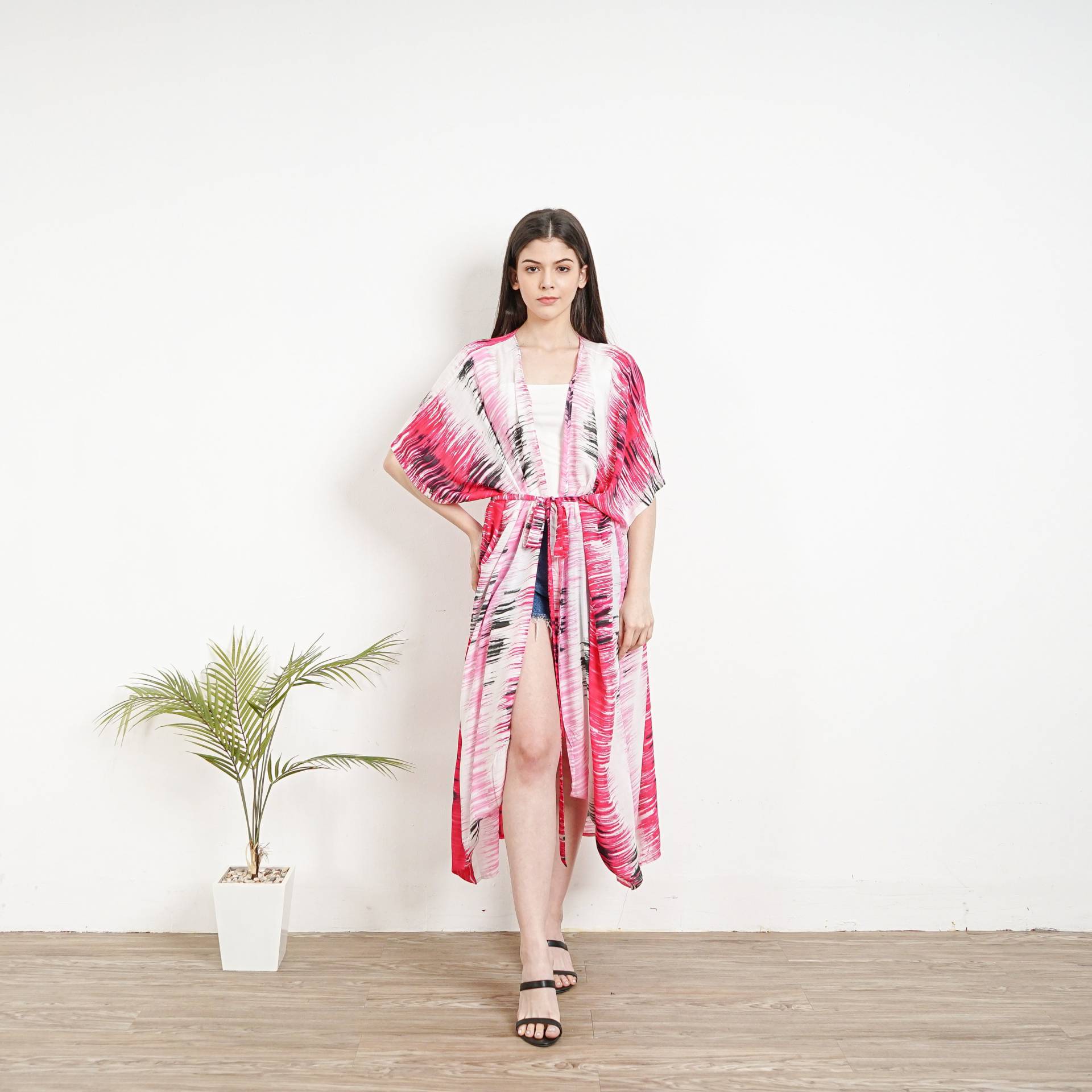 Kimono Krawatten Robe, Ki01-Ra22 Rosa-Weiß Robe, Krawattenfarbe Kimono, Eleganter Morgenmantel, Strandbezug, Lockerer von TropisDesigns