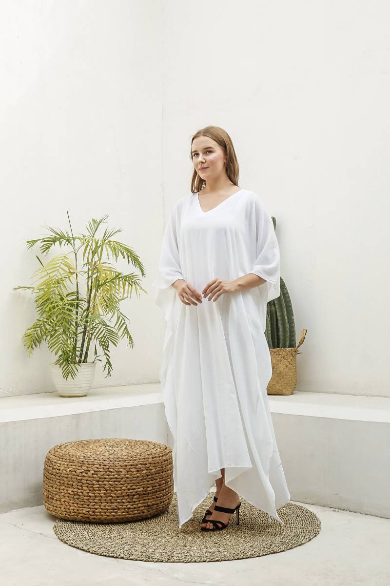 Weißes Baumwollgaze Kaftan, Ka05, Kaftan Kleid, Langes Schlichtes Elegant, Miami, lbiza, Urlaubskleid, Abendkleid, Lounge Urlaub von TropisDesigns