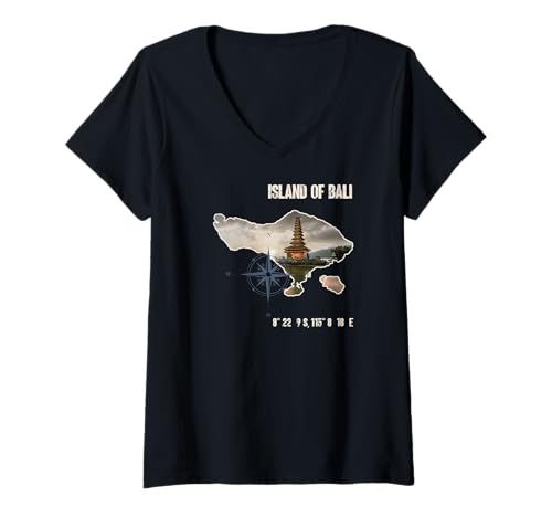 Damen Bali Insel Umriss mit Tempel und Kompass – Reise Design T-Shirt mit V-Ausschnitt von Tropisches Bali Motiv mit Koordinaten
