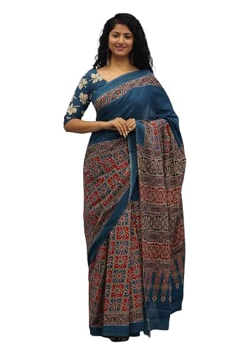 Tropwear Handicrafts Damen Ikat Hand Block Print Jaipuri Baumwolle Mulmul Sari mit Blusenteil, Blau_2_24-6, Einheitsgr��e von Tropwear