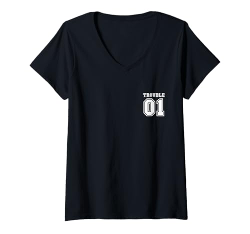 Damen I Am Trouble Bestie folgt Matching Best Friends Sports T-Shirt mit V-Ausschnitt Damen I Am Trouble Bestie folgt Matching Best Friends Sports T-Shirt mit V-Ausschnitt von Trouble Always Finds Me Co