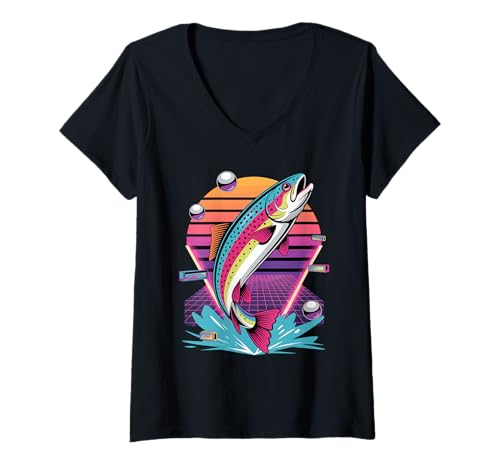 Damen Retro Synthwave Forelle Fisch Angeln Angler T-Shirt mit V-Ausschnitt Damen Retro Synthwave Forelle Fisch Angeln Angler T-Shirt mit V-Ausschnitt von Trout Fish Angler Gifts