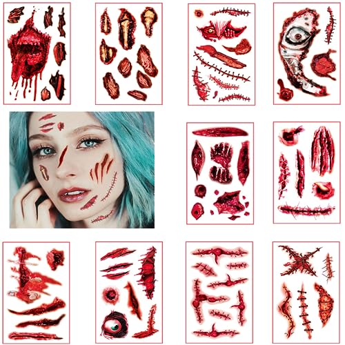 Trrrioosy Halloween Tattoo Narben Halloween Wunden Temporäre Tattoos Gesicht Aufkleber für Halloween,10 Blatt von Trrrioosy