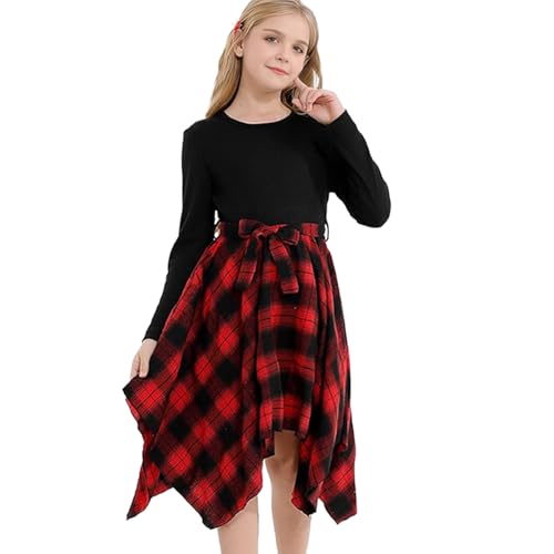Mädchen Weihnachten Kleid Kinder hoch niedrig Karierten Partykleider Tween Xmas lässig Lange Ärmel Kleid Outfits 4-14T (Roter Plaid, 9-10T) von Trsenvrml