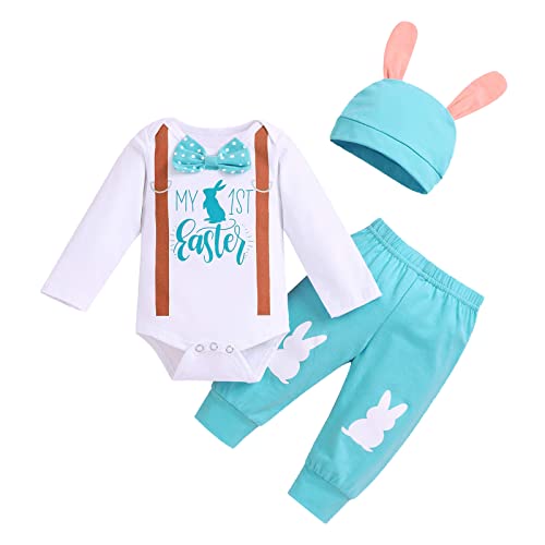 Trsenvrml Baby Mein Erstes Ostern Outfit Junge Neugeborene Langarm Strampler + Kaninchen Hose+ Bunny Ears Hut Set 3Pcs (Blau, 3-6M) von Trsenvrml