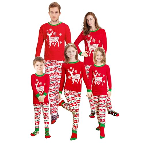 Trsenvrml Familie Matching Weihnachten Pyjamas Set Xmas Pjs Geschenke für Erwachsene Kinder Baby Weihnachtsbaum Elch Print Rot 100% Baumwolle Nachtwäsche Lange Ärmel (Kind, 12-14T) von Trsenvrml