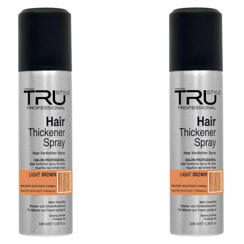 Tru Haarverdichter Spray Hellbraun 2x100ml – Haarauffüller für Männer & Frauen, Kaschiert Haarausfall & lichtes Haar, Sofort-Effekt Haarverdichtung, Panthenol & Ginseng Extrakt von Tru