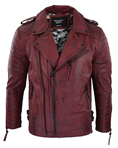 Herren Lederjacke 100% Echtleder Schwarz Burgund Rock Punk Retro Vintage Design von TruClothing.com