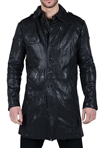 Herren Lederjacke Schwarz Braun Echtleder Lässig Vintage Trenchcoat mit Knopf - schwarz M von TruClothing.com