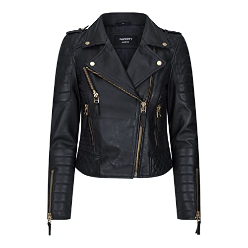 TruClothing.com Damen Biker Lederjacke Brando Matt Schwarz Motorrad Slim Fit Vintage Retro - schwarz-Gold M von TruClothing.com