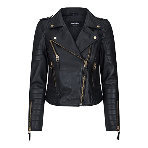 TruClothing.com Damen Biker Lederjacke Brando Matt Schwarz Motorrad Slim Fit Vintage Retro - schwarz-Gold XXL von TruClothing.com