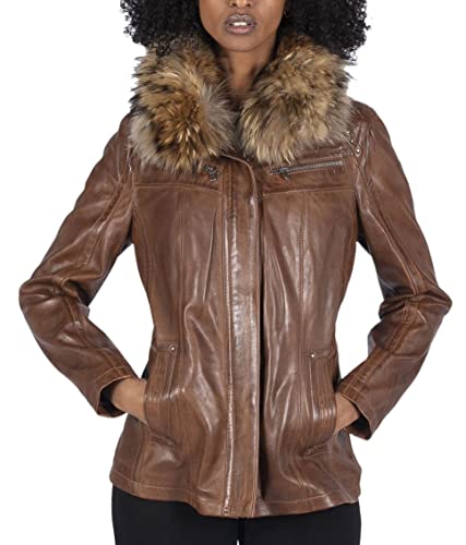 TruClothing.com Damen Echtleder Kurzer Parka Jacke Mantel Fell Kapuze Braun Tan Schwarz - Holz M von TruClothing.com