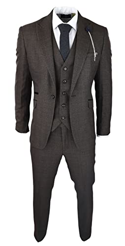 TruClothing.com Herren 3 Stück Check Anzug Tweed Schwarz Braun Tailored Fit Hochzeit Peaky Classic - braun 52 von TruClothing.com