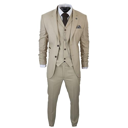 TruClothing.com Herren 3 Teilig Anzug Prinz von Wales Karo Creme Beige Vintage Hochzeit - Creme 58 von TruClothing.com