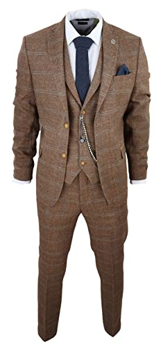 TruClothing.com Herren 3 Teilig Anzug Wolle Tweed Fischgrät Tan Braun Blau Karo 1920s Gatsby - eichenbraun 56 von TruClothing.com