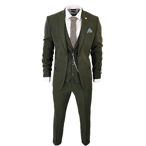 TruClothing.com Herren 3 Teilig Anzug Wolle Tweed Grün Blau Braun Karo 1920s Gatsby Formelle Anzüge - Olive 46 von TruClothing.com