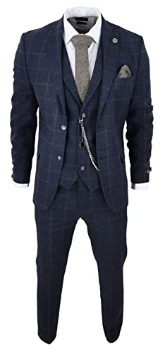 TruClothing.com Herren 3 Teilig Anzug Wolle Tweed Marineblau Braun Karo Formelle 1920s Gatsby - Marineblau 56 von TruClothing.com