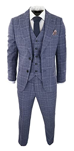 TruClothing.com Herren Anzug 3 Teilig Tweed Wolle Karo Vintage Blu Grau Tailored Fit - blau 48 von TruClothing.com