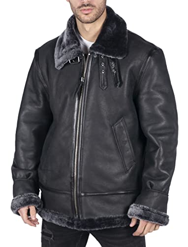 TruClothing.com Herren Lederjacke Echtes Schafsleder Jacke Schaffell Mantel B3 Flying Aviator Schwarz Grau Fell - schwarz M von TruClothing.com