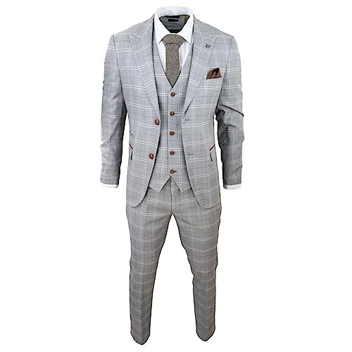 TruClothing.com Herren Grau 3 Teilig Anzug Hellbraun Karo Samt Trims Hochzeit Tailored Fit Vintage - grau 56 von TruClothing.com