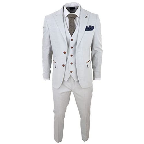 TruClothing.com Herren Grau Stein 3 Teilig Tweed Karo Anzug Hochzeit Prom Tailored Fit Braun Trim - Creme 52 von TruClothing.com