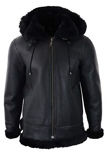 TruClothing.com Herren Lederjacke 100% Echtleder Schwarz Schaffell mit Kapuze Aviator Piloten Design Vintage Schafsleder Jacke von TruClothing.com