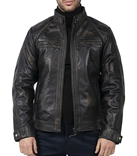 TruClothing.com Herren Lederjacke Biker Jacke Winddicht Winter Motorradfahrer Echtleder Jacken Mantel Retro von TruClothing.com