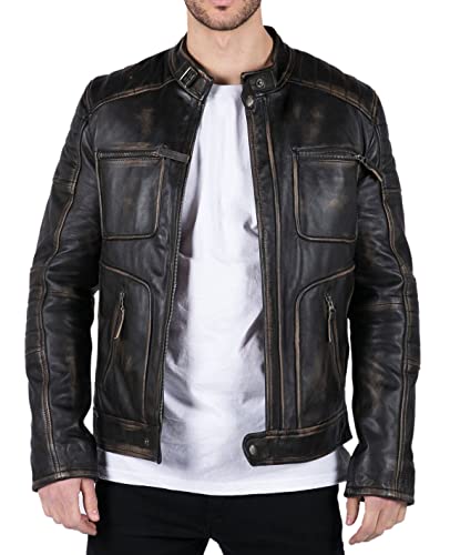 TruClothing.com Herren Lederjacke Retro Echtleder Schwarz Braun Biker Stil Reißverschluss - schwarz 5XL von TruClothing.com