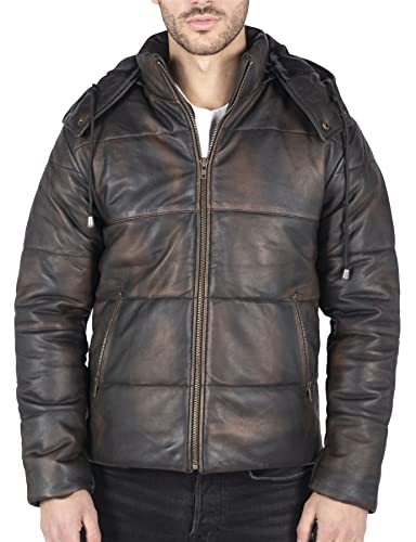 TruClothing.com Herren Puffer Kapuzenjacke Echtes Leder Schwarz Braun Lässig Retro 80s Klassisch Lässig - braun XL von TruClothing.com