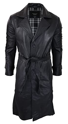 TruClothing.com Herren Schwarz Mac Lang Echtleder Klassisch Gürtel Punk Jacke Mantel Vintage 80s - schwarz 4XL von TruClothing.com